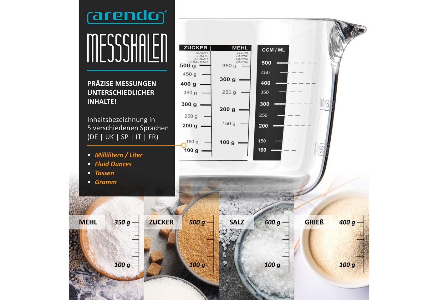 Arendo Messbecher 500 ml Glas Messkrug, Mikrowellengeeignet, Borosilikatglas, Glas, (1-St), 0,5l, präzise Skala, hitzebeständig, mikrowellengeeignet, Küchenhelf – Bild 4 von 5