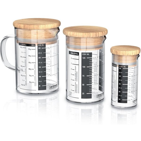 Arendo Messbecher 50ml, 125 ml & 250 ml Glas Messkrug Set mit Bambusdeckel, luftdicht, Glas, (Set, 3-St), Küchenbehälter, Silikondichtung, für Mehl Zucker Gewür