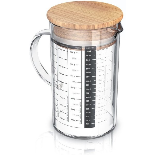 Arendo Messbecher Glasbehälter 1000 ml luftdicht, Küchenbehälter mit Bambusdeckel, Glas, (1-St), Silikondichtung, für Mehl Zucker Gewürze Flüssigkeiten Süßigkei