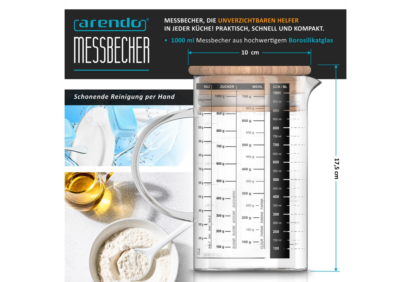 Arendo Messbecher Glasbehälter 1000 ml luftdicht, Küchenbehälter mit Bambusdeckel, Glas, (1-St), Silikondichtung, für Mehl Zucker Gewürze Flüssigkeiten Süßigkei – Bild 2 von 5