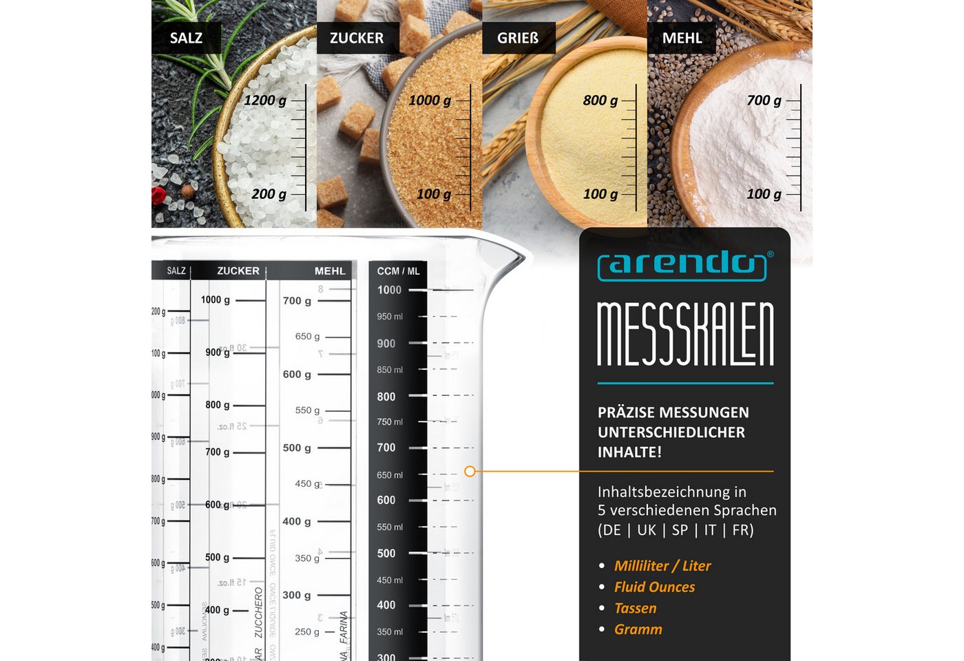 Arendo Messbecher Glasbehälter 1000 ml luftdicht, Küchenbehälter mit Bambusdeckel, Glas, (1-St), Silikondichtung, für Mehl Zucker Gewürze Flüssigkeiten Süßigkei – Bild 5 von 5