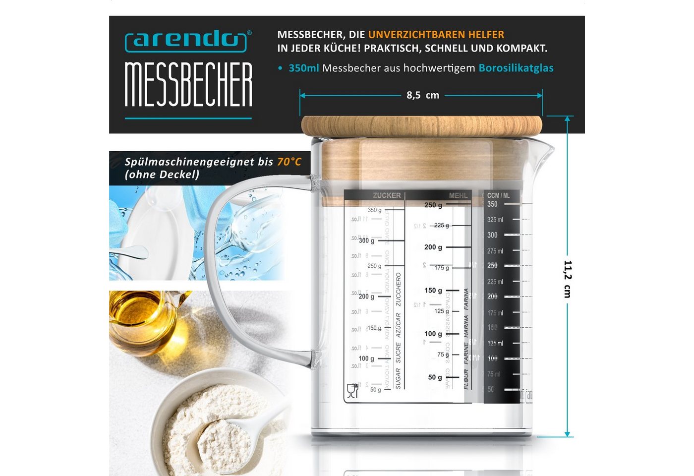 Arendo Messbecher Glasbehälter 350 ml luftdicht, Küchenbehälter mit Bambusdeckel, Glas, (1-St), Silikondichtung, für Mehl Zucker Gewürze Flüssigkeiten Süßigkeit – Bild 2 von 5