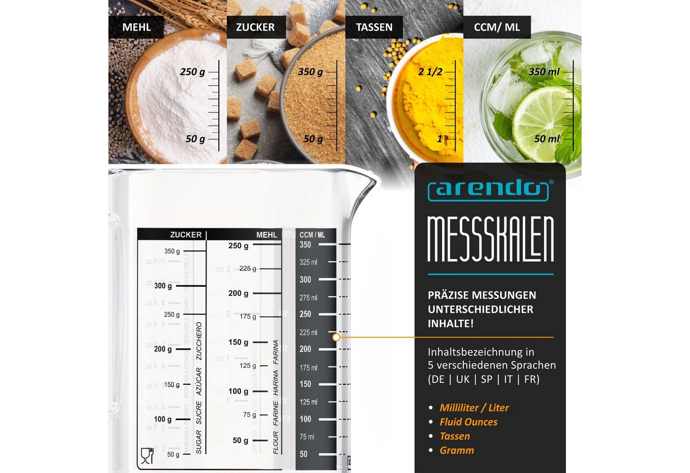 Arendo Messbecher Glasbehälter 350 ml luftdicht, Küchenbehälter mit Bambusdeckel, Glas, (1-St), Silikondichtung, für Mehl Zucker Gewürze Flüssigkeiten Süßigkeit – Bild 3 von 5
