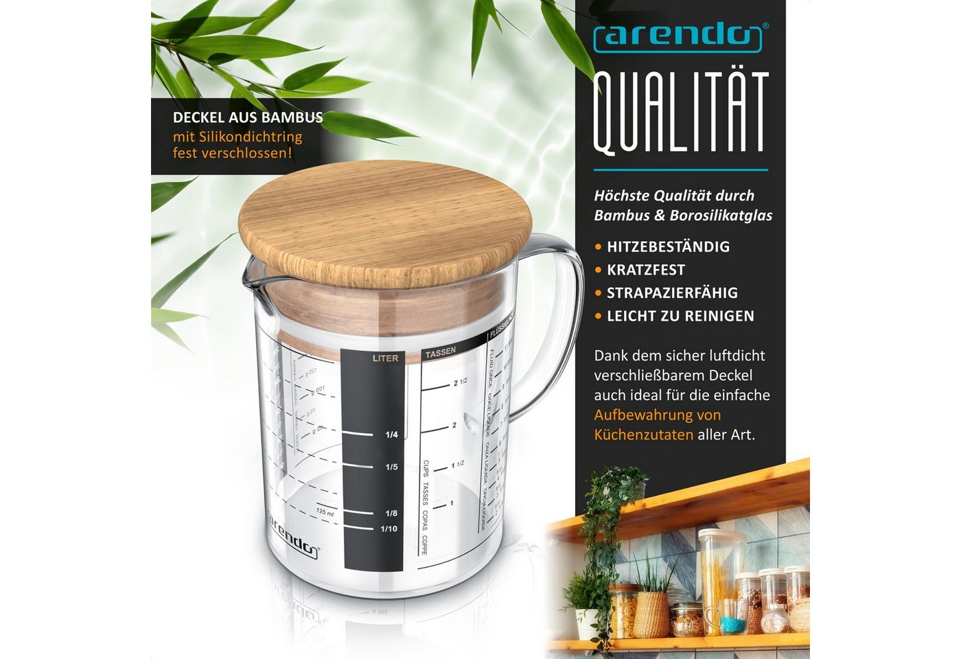Arendo Messbecher Glasbehälter 350 ml luftdicht, Küchenbehälter mit Bambusdeckel, Glas, (1-St), Silikondichtung, für Mehl Zucker Gewürze Flüssigkeiten Süßigkeit – Bild 4 von 5