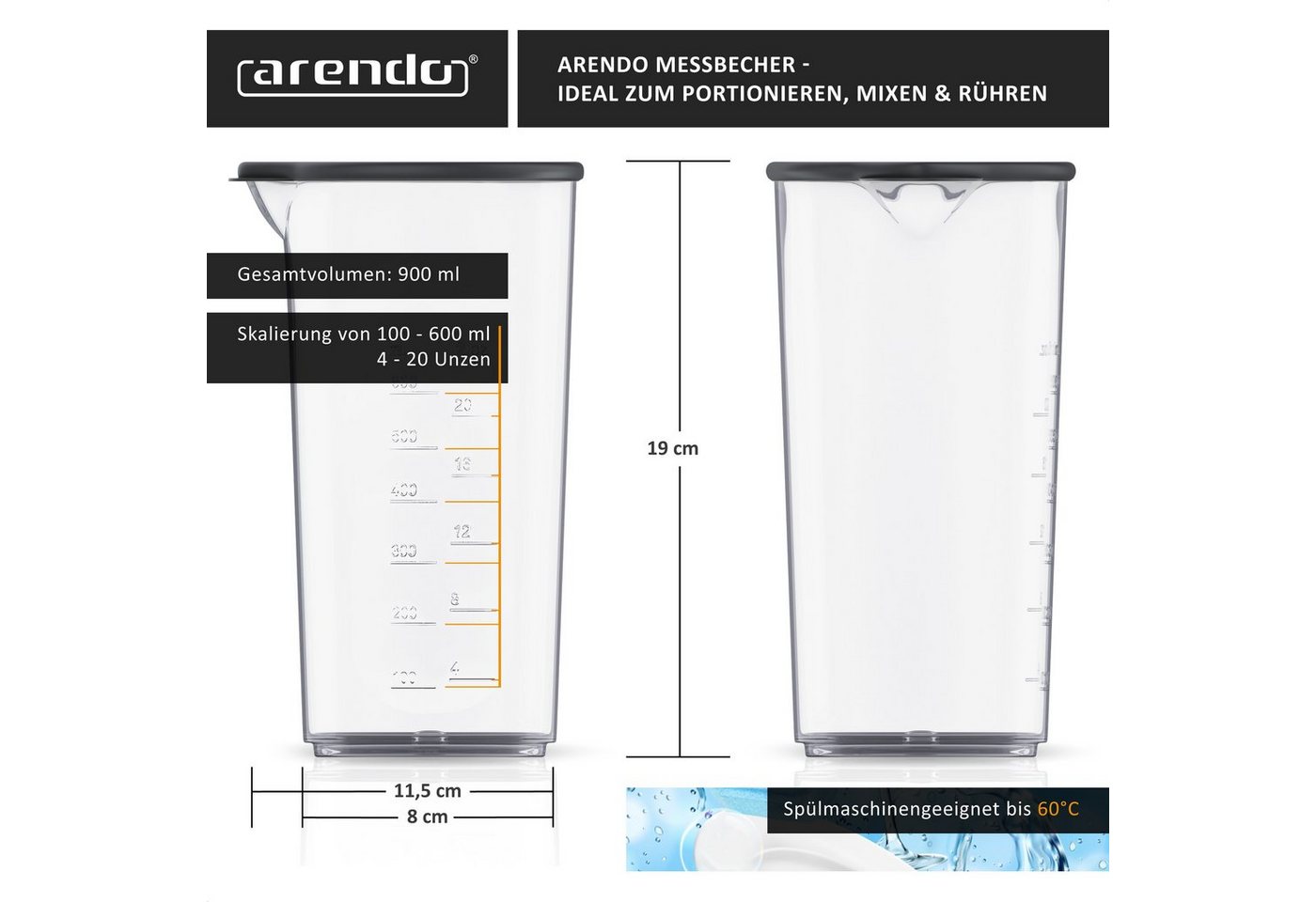 Arendo Messbecher mit Deckel, 600ml, 20 Unzen, Klarsichtbecher, Mixbecher aus Kunststoff, Kunststoff, (1-St), ideal für elektrische Handmixer, Stabmixer & Handr – Bild 2 von 5