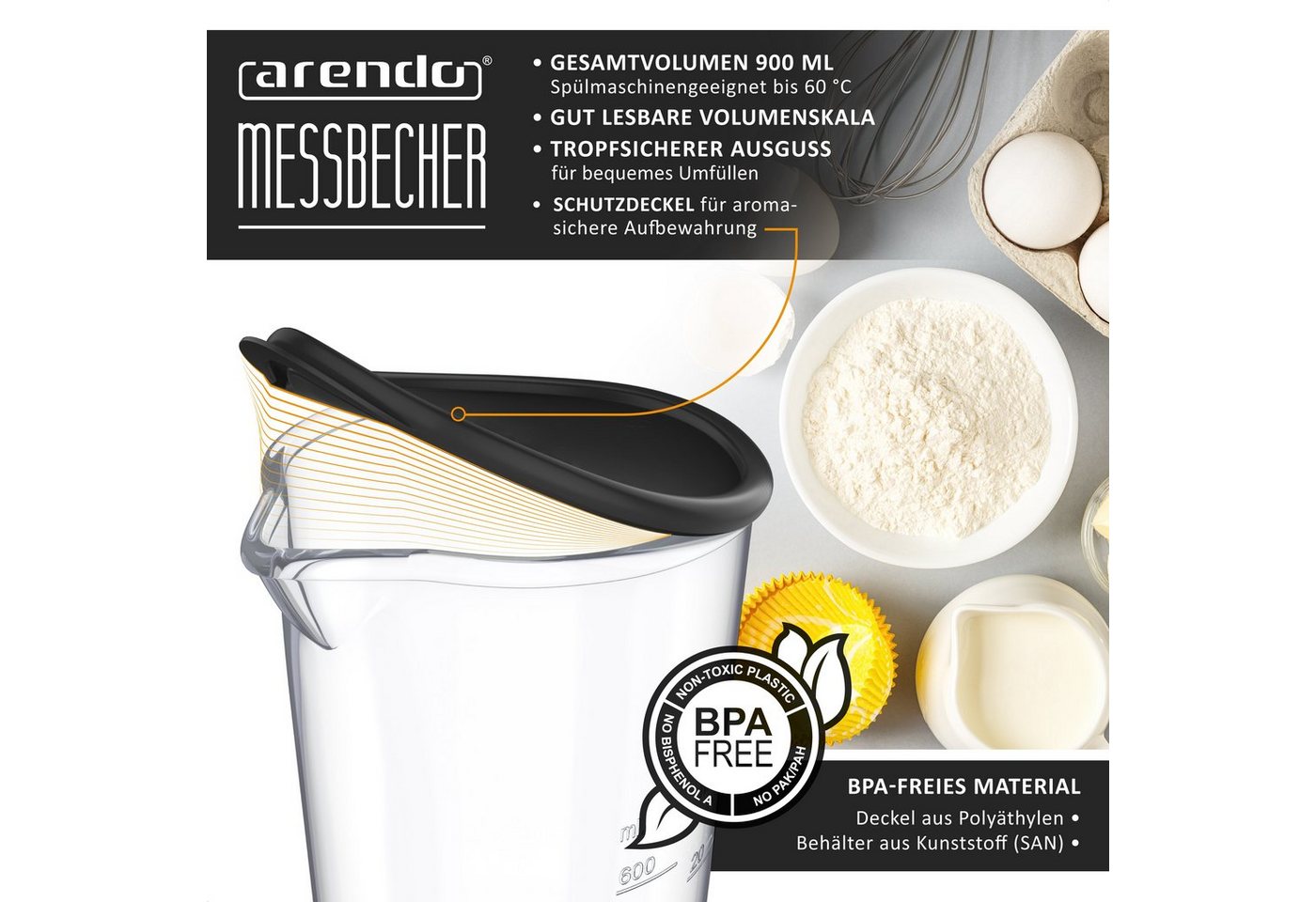 Arendo Messbecher mit Deckel, 600ml, 20 Unzen, Klarsichtbecher, Mixbecher aus Kunststoff, Kunststoff, (1-St), ideal für elektrische Handmixer, Stabmixer & Handr – Bild 3 von 5