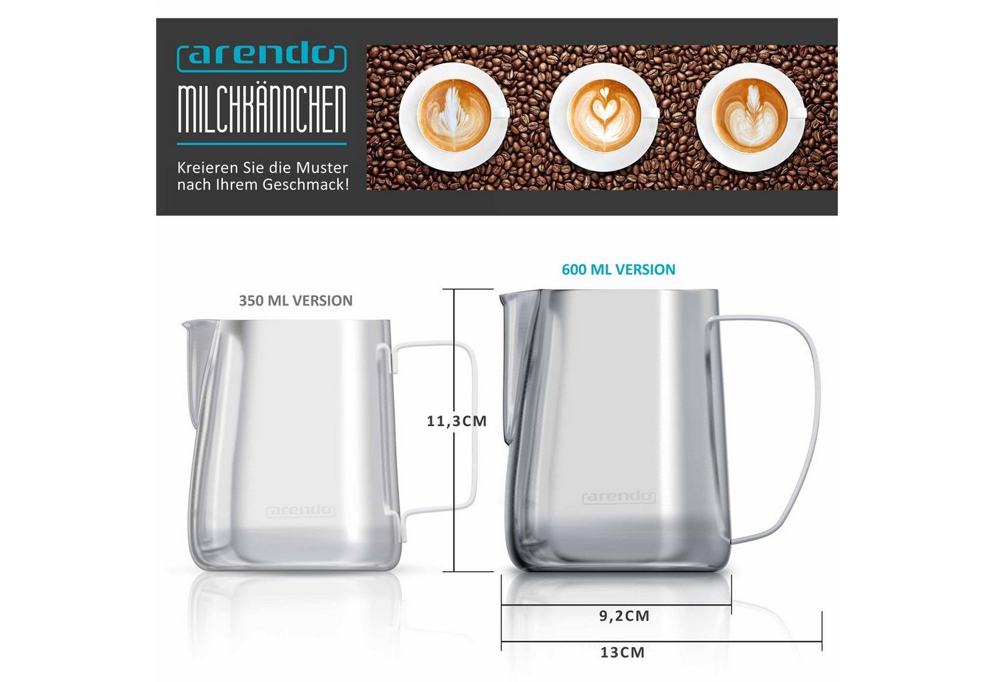 Arendo Milchkännchen Edelstahl, mit Messskala, Milchkanne zum Aufschäumen von Milchschaum, 0,6 l, (1-St), für Milchschaum, Latte Art und Barista-Kaffee zuhause – Bild 2 von 5