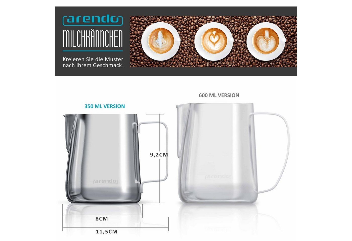 Arendo Milchkännchen Edelstahl, mit Messskala, Milchkanne zum Aufschäumen von Milchschaum, 0,35 l, (1-St), für Milchschaum, Latte Art und Barista-Kaffee zuhause – Bild 5 von 5