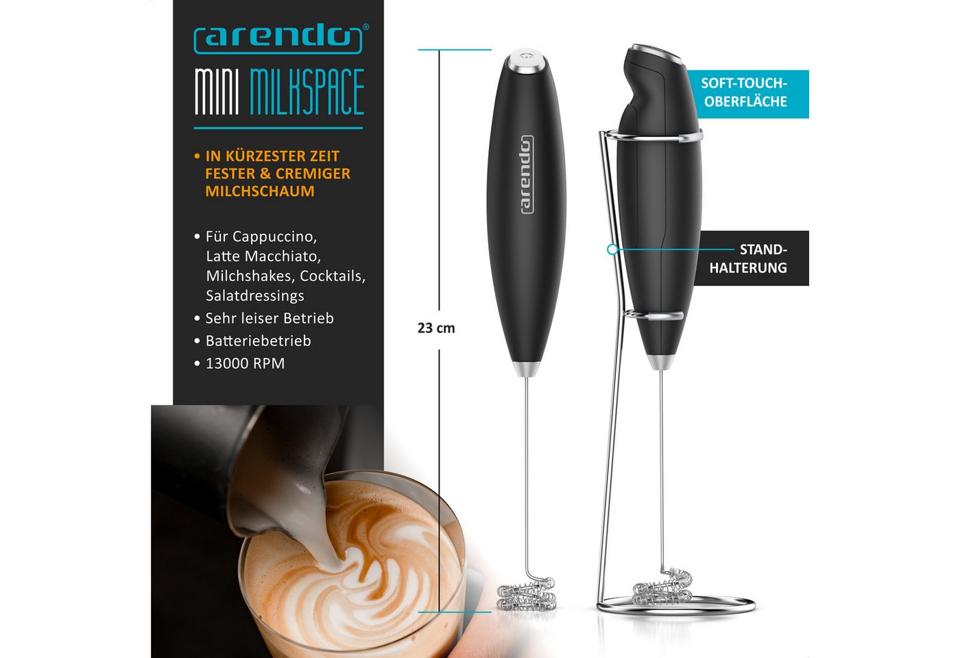 Arendo Milchkännchen mit Stab Milchaufschäumer elektrisch Handmilchaufschäumer + Milchkanne, 0,35 l, (1-St), Edelstahl, 350ml mit Messskala, Schneebesen und Dua – Bild 2 von 5