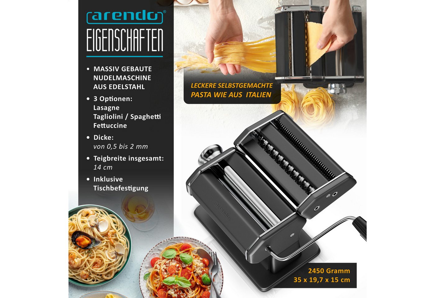 Arendo Nudelmaschine Manueller Pasta Maker, Nudelpresse, Edelstahl, 7 einstellbare Stärken, Duplexvorsatz für Spaghetti, Tagliatelle, Lasagne - 2mm & 6mm – Bild 2 von 5