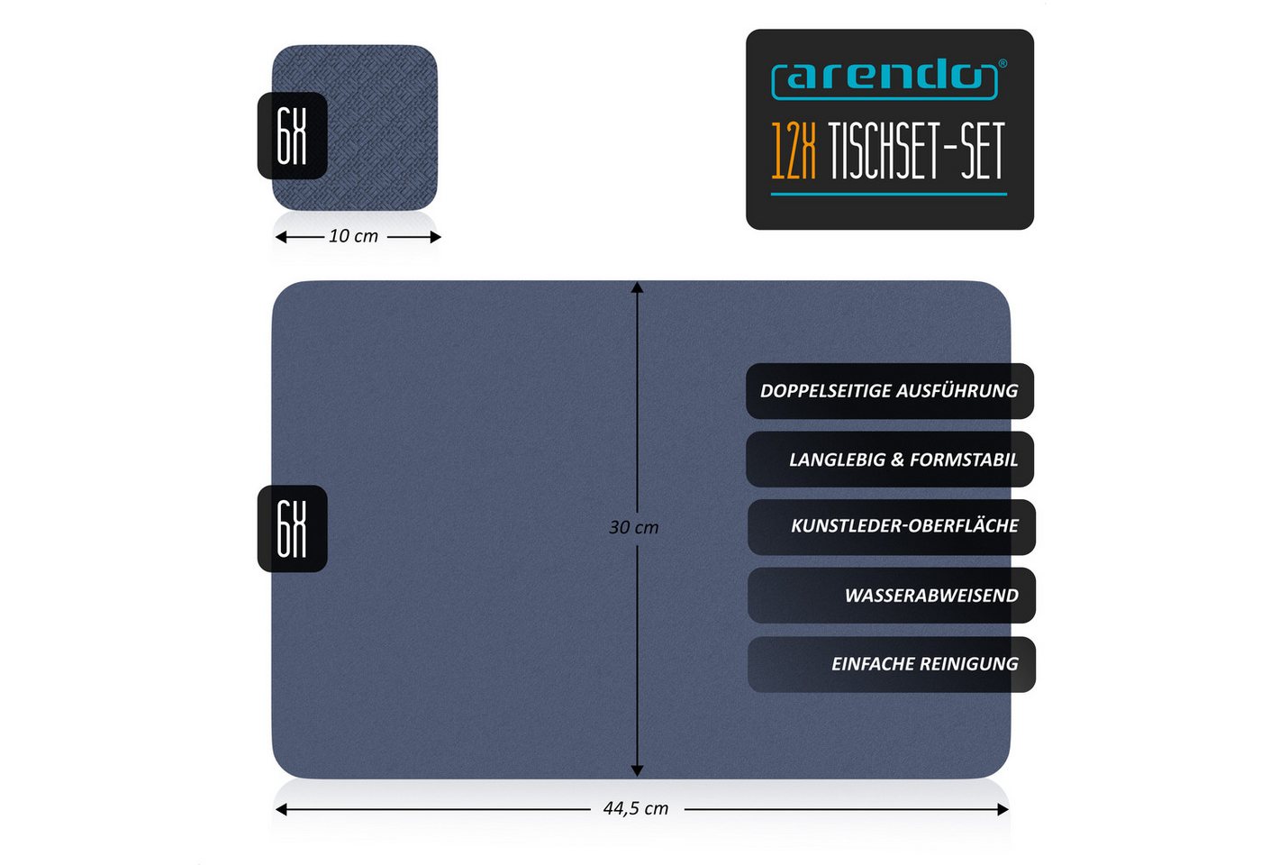 Arendo Platzset 6er Set Premium Tischset doppelseitig, eckig, Kunstleder, rutschfest, (Set, 12-St., 6 Tischsets, 6 Getränkeuntersetzer), wasserabweisend, abwisc – Bild 2 von 5