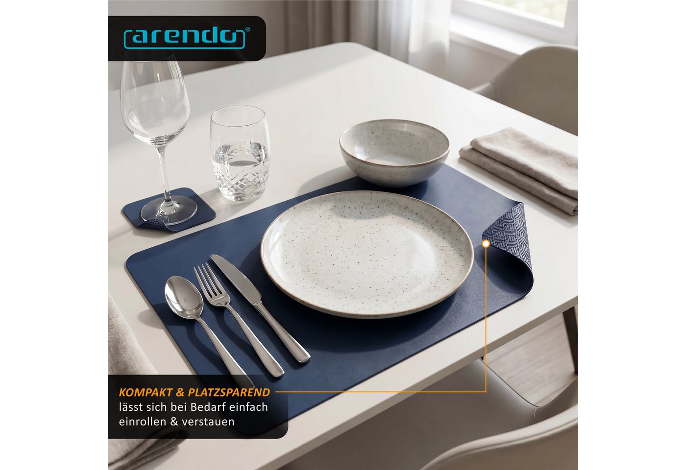 Arendo Platzset 6er Set Premium Tischset doppelseitig, eckig, Kunstleder, rutschfest, (Set, 12-St., 6 Tischsets, 6 Getränkeuntersetzer), wasserabweisend, abwisc – Bild 4 von 5