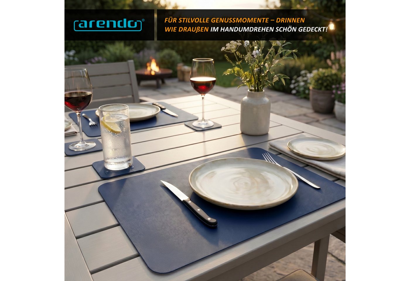 Arendo Platzset 6er Set Premium Tischset doppelseitig, eckig, Kunstleder, rutschfest, (Set, 12-St., 6 Tischsets, 6 Getränkeuntersetzer), wasserabweisend, abwisc – Bild 5 von 5