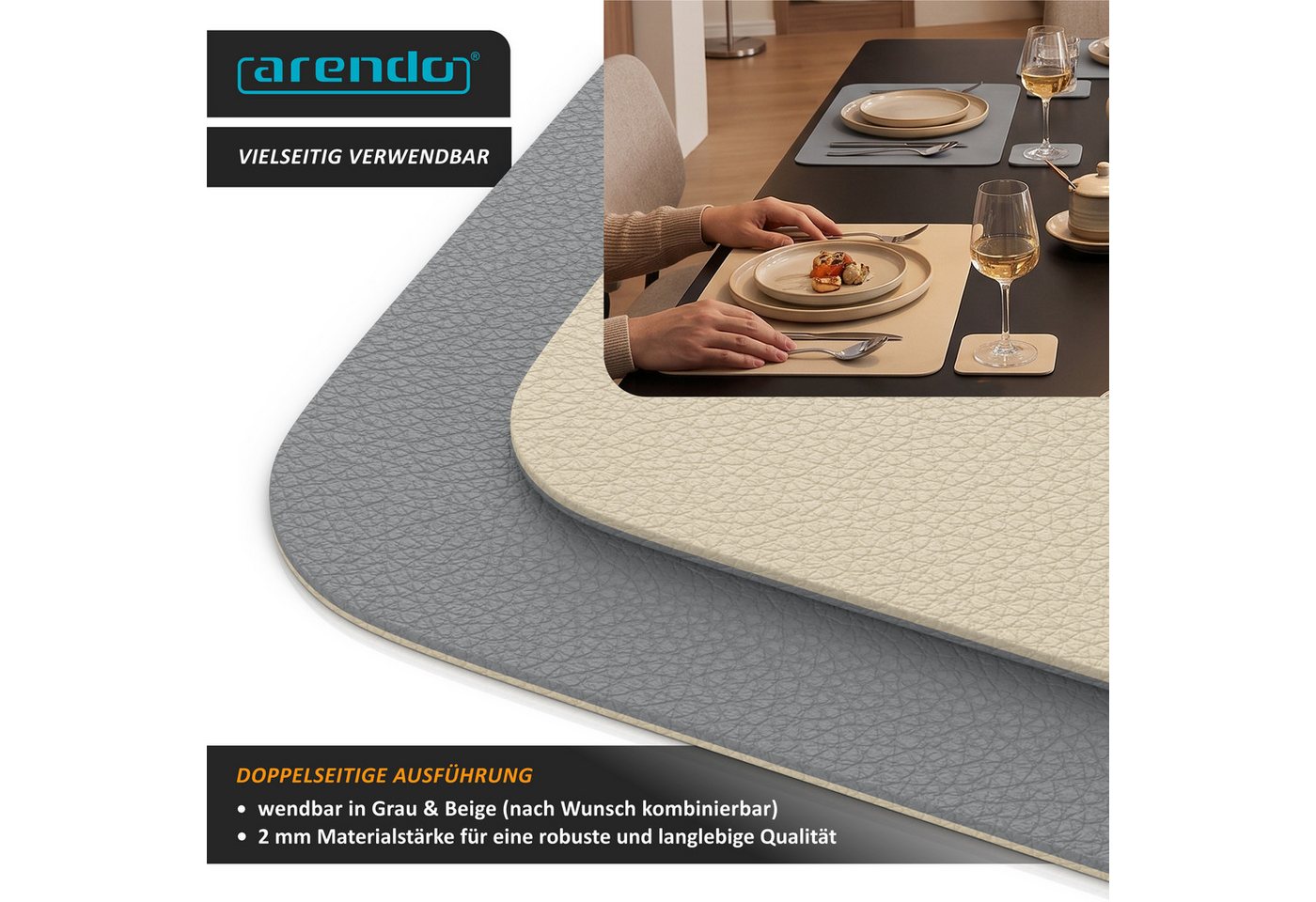 Arendo Platzset 6er Set Premium Tischset doppelseitig, Kunstleder, rutschfest, eckig, (Set, 12-St., 6 Tischsets, 6 Getränkeuntersetzer), wasserabweisend, abwisc – Bild 5 von 5