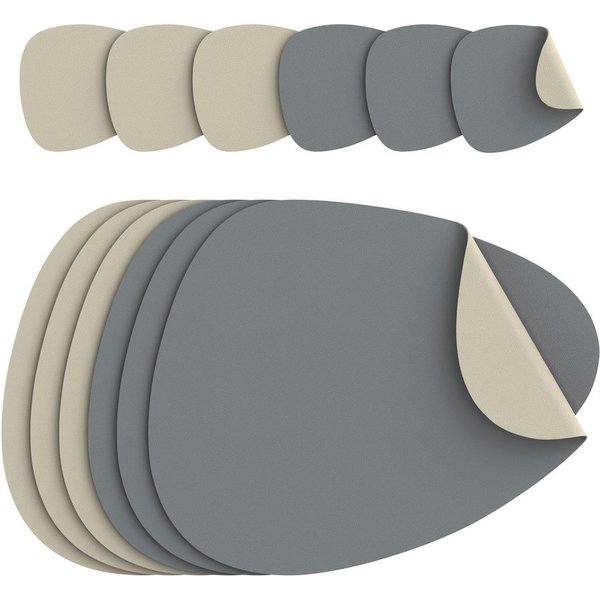 Arendo Platzset 6er Set Premium Tischset doppelseitig, Kunstleder, rutschfest, oval, (Set, 12-St., 6 Tischsets + 6 Getränkeuntersetzer), wasserabweisend, abwisc