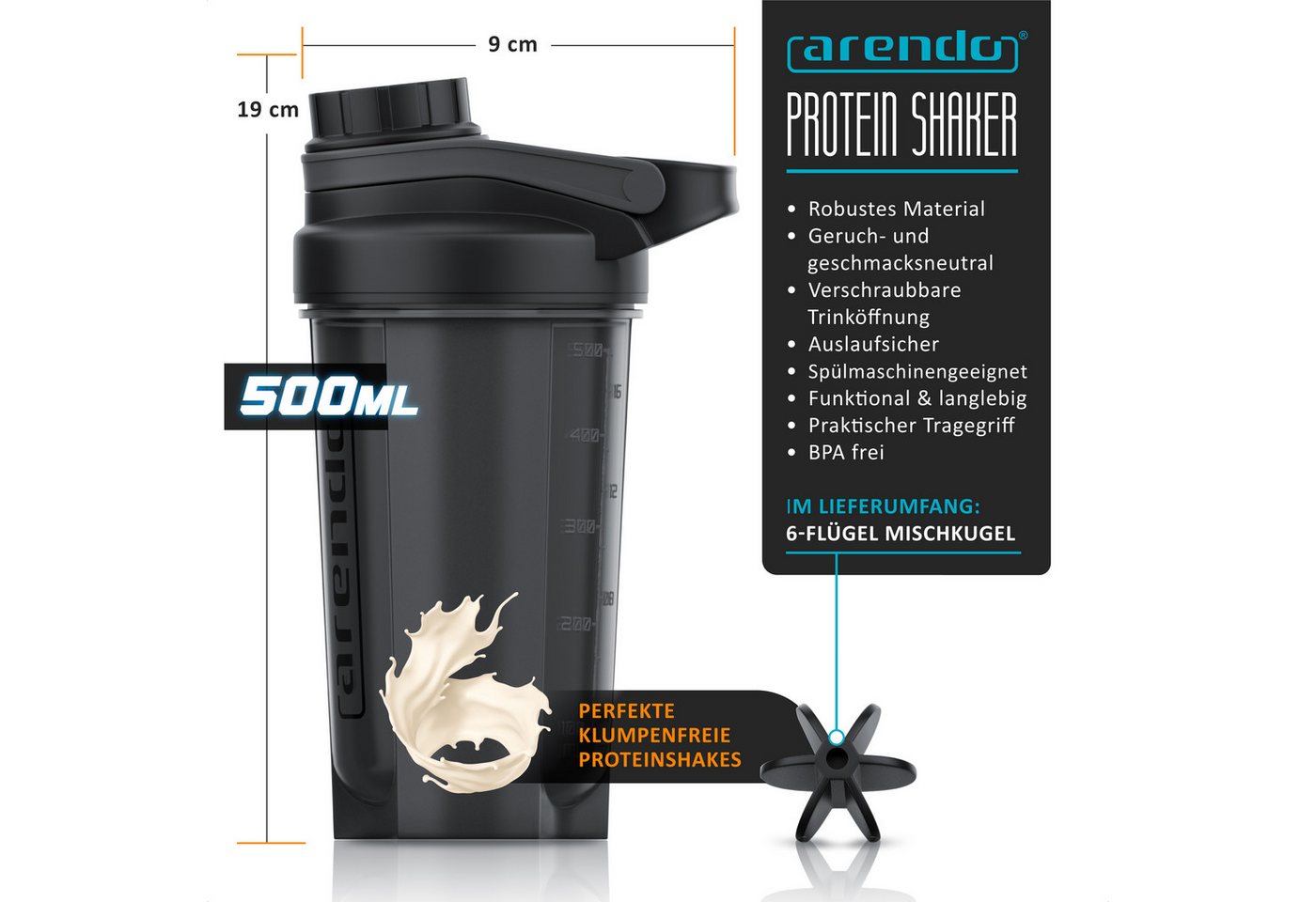 Arendo Protein Shaker Eiweißshaker 600 ml, verschließbar, spülmaschinengeeignet, BPA Frei, Kunststoff, (1-tlg., Shaker inkl. Mixball), Eiweiß Mixbecher mit Mixb – Bild 2 von 5