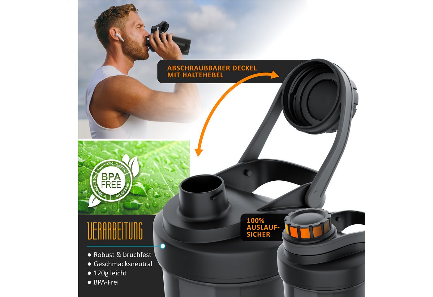 Arendo Protein Shaker Eiweißshaker 600 ml, verschließbar, spülmaschinengeeignet, BPA Frei, Kunststoff, (1-tlg., Shaker inkl. Mixball), Eiweiß Mixbecher mit Mixb – Bild 3 von 5