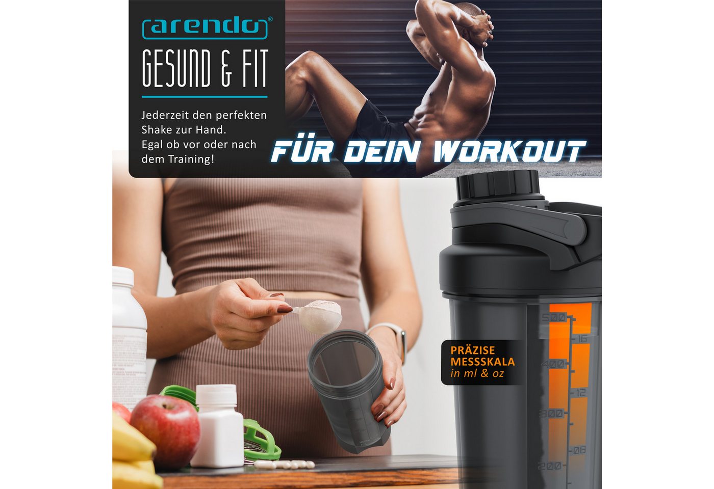 Arendo Protein Shaker Eiweißshaker 600 ml, verschließbar, spülmaschinengeeignet, BPA Frei, Kunststoff, (1-tlg., Shaker inkl. Mixball), Eiweiß Mixbecher mit Mixb – Bild 5 von 5