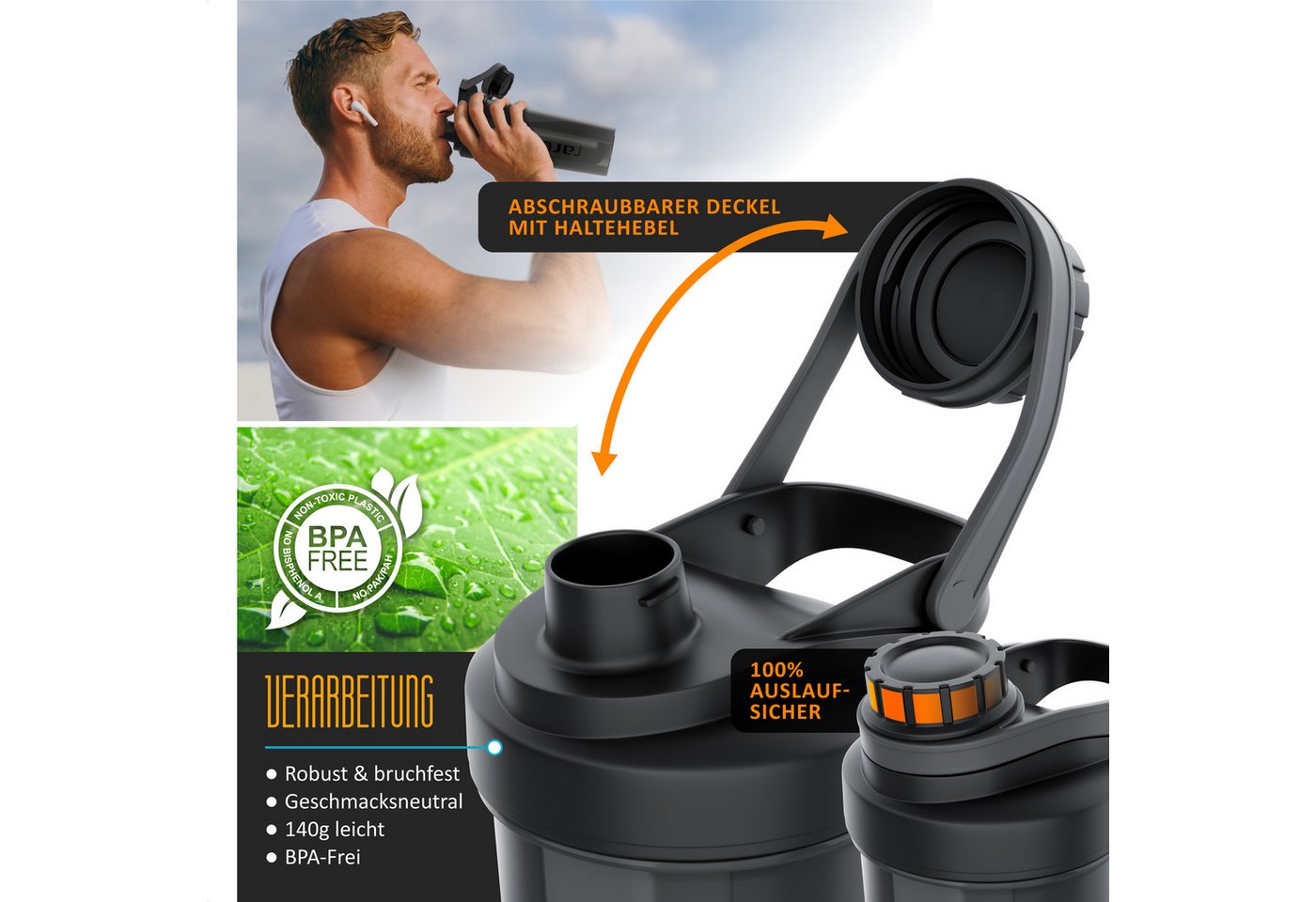 Arendo Protein Shaker Eiweißshaker 700 ml, verschließbar, spülmaschinengeeignet, Kunststoff, (1-tlg., Protein Shaker inkl. Mixball), Eiweiß Mixbecher, BPA-frei, – Bild 3 von 5