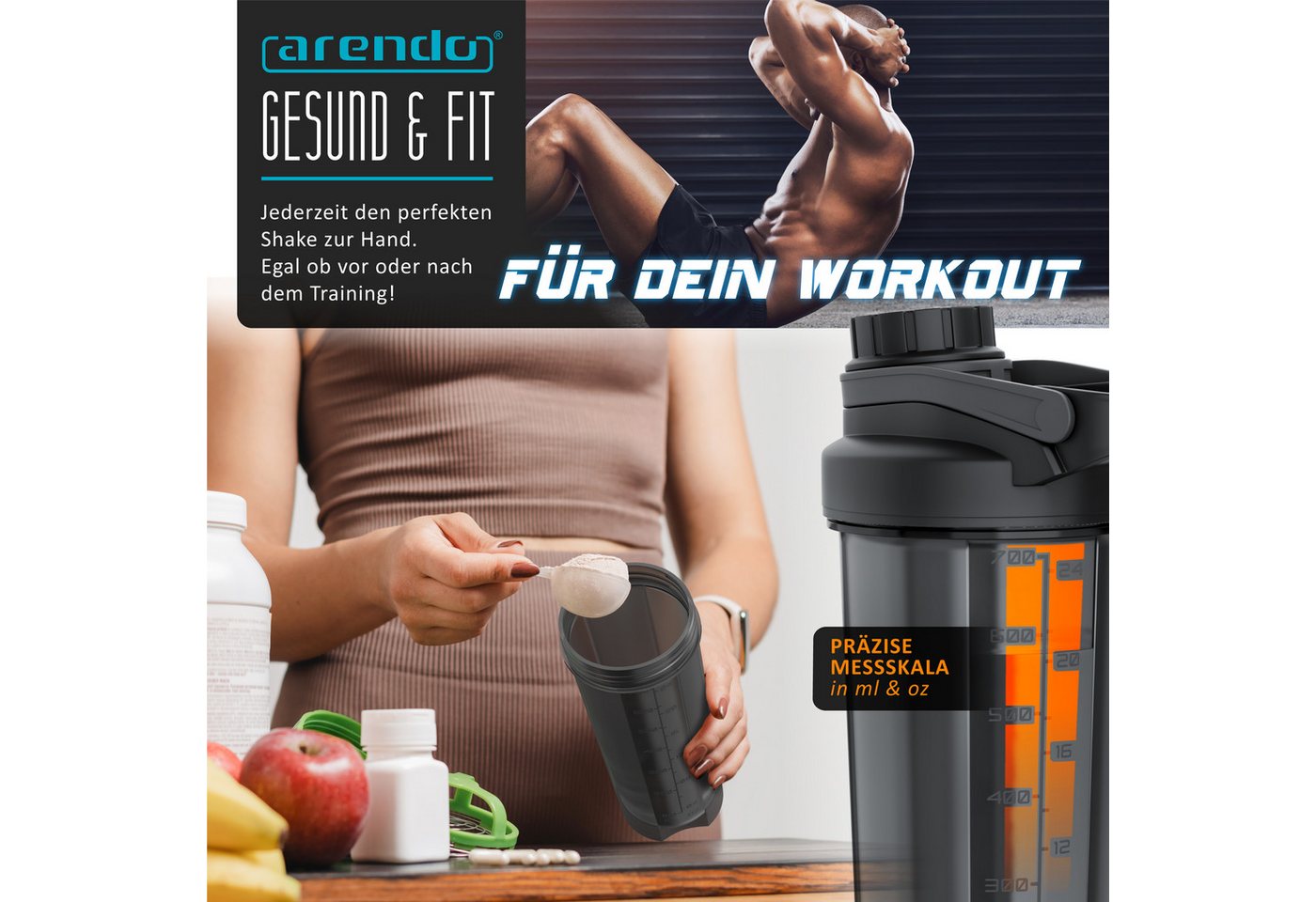 Arendo Protein Shaker Eiweißshaker 700 ml, verschließbar, spülmaschinengeeignet, Kunststoff, (1-tlg., Protein Shaker inkl. Mixball), Eiweiß Mixbecher, BPA-frei, – Bild 5 von 5
