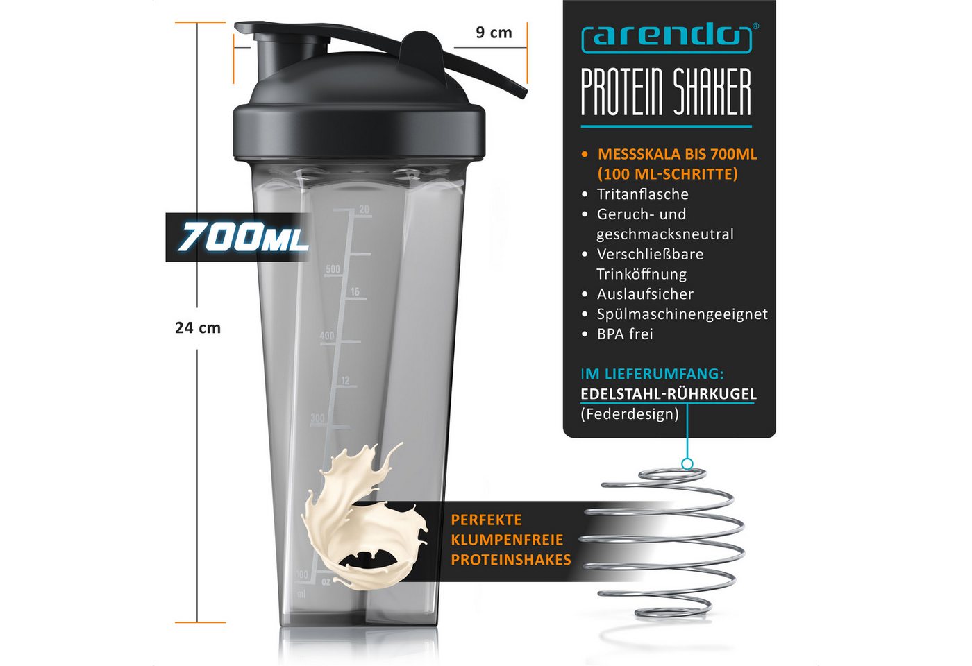 Arendo Protein Shaker Eiweißshaker 700 ml, BPA Frei, verschließbar, spülmaschinengeeignet, Kunststoff, (1-tlg., Shaker inkl. Mixball), Eiweiß Mixbecher mit Mixb – Bild 2 von 5