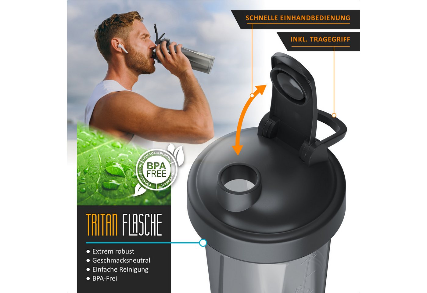 Arendo Protein Shaker Eiweißshaker 700 ml, BPA Frei, verschließbar, spülmaschinengeeignet, Kunststoff, (1-tlg., Shaker inkl. Mixball), Eiweiß Mixbecher mit Mixb – Bild 3 von 5