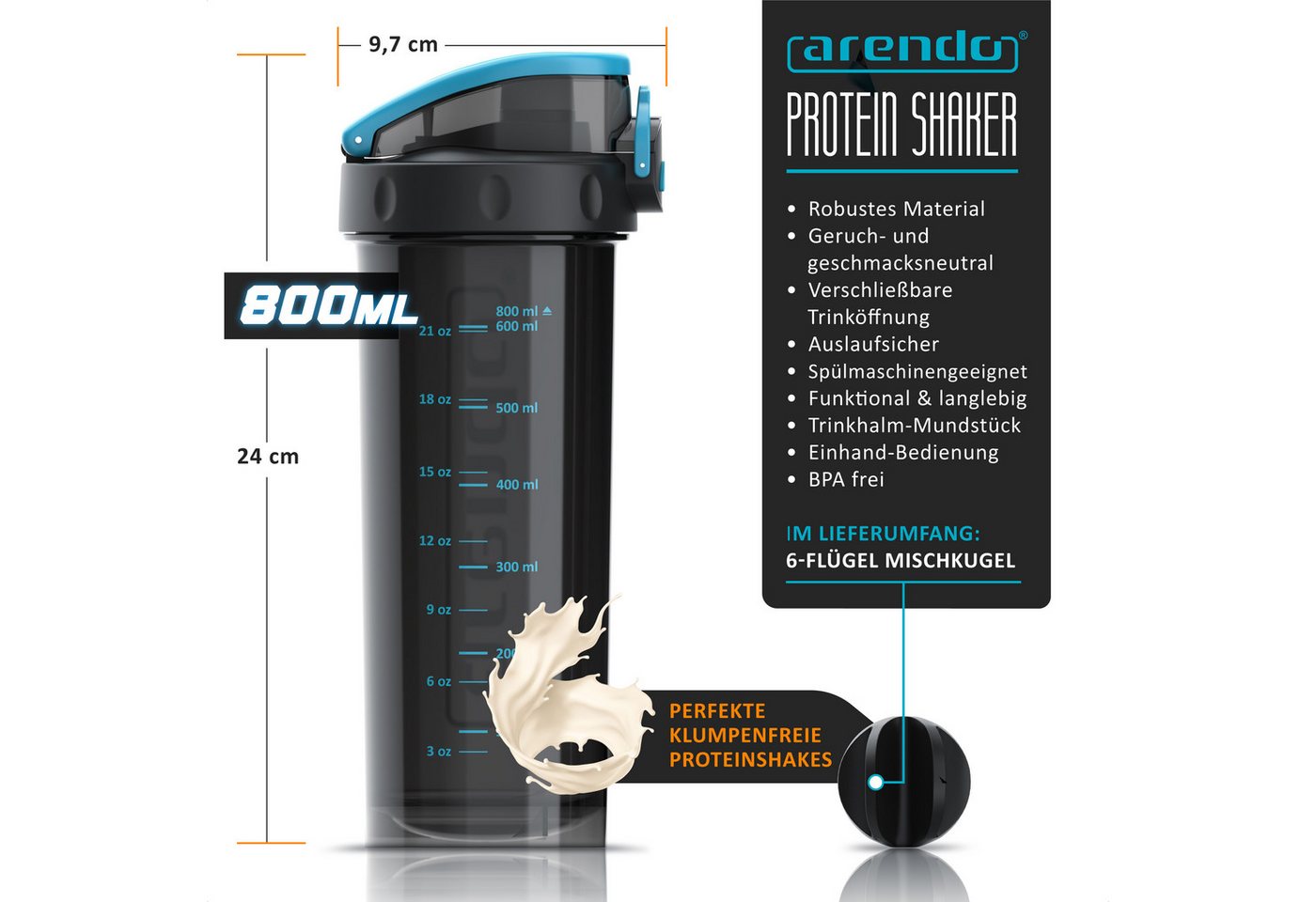 Arendo Protein Shaker Eiweißshaker 800 ml, verschließbar, spülmaschinengeeignet, Kunststoff, (4-tlg), Eiweiß Mixbecher, BPA-frei, für unterwegs, Yoga, Fitness,  – Bild 2 von 5