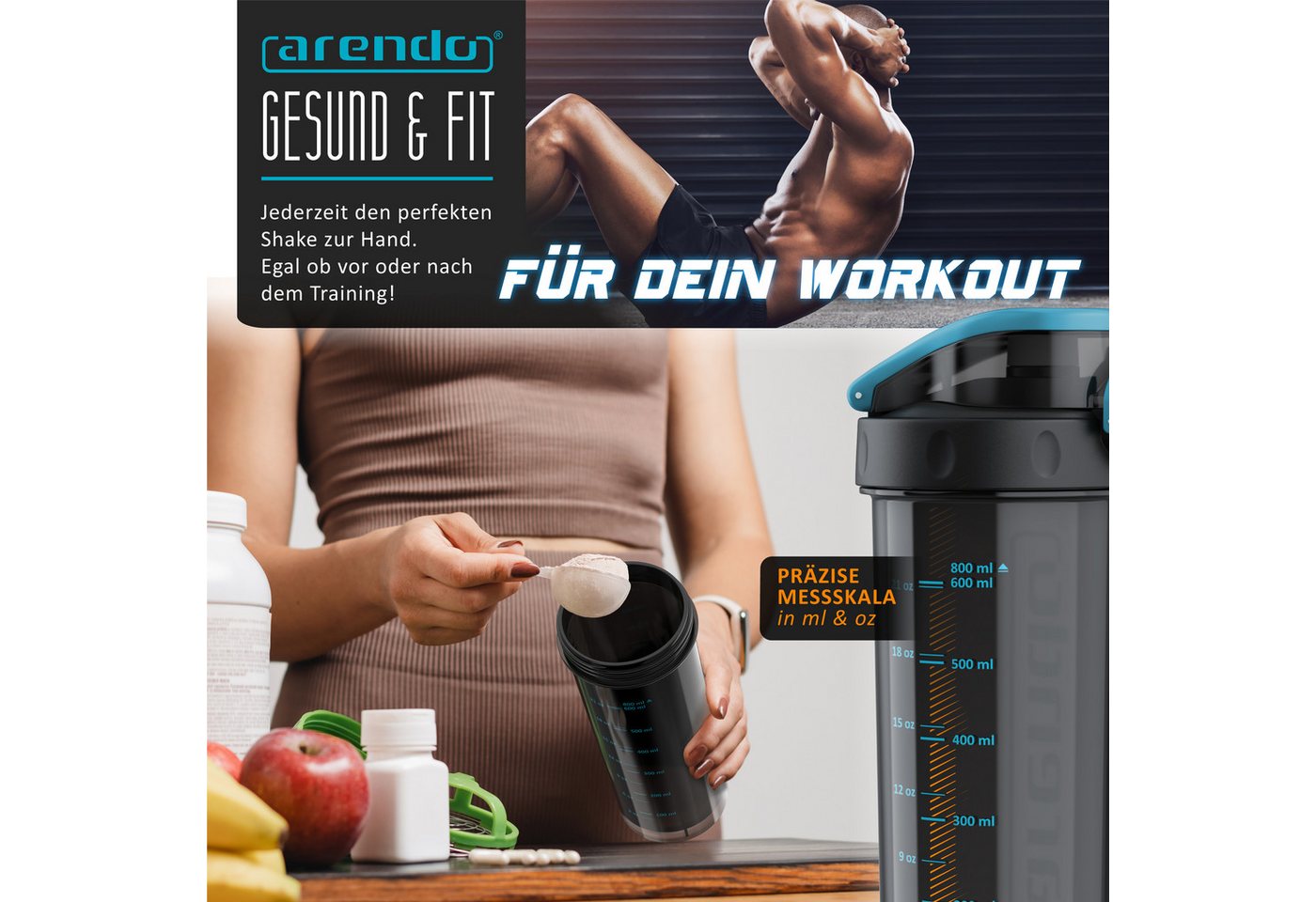 Arendo Protein Shaker Eiweißshaker 800 ml, verschließbar, spülmaschinengeeignet, Kunststoff, (4-tlg), Eiweiß Mixbecher, BPA-frei, für unterwegs, Yoga, Fitness,  – Bild 5 von 5