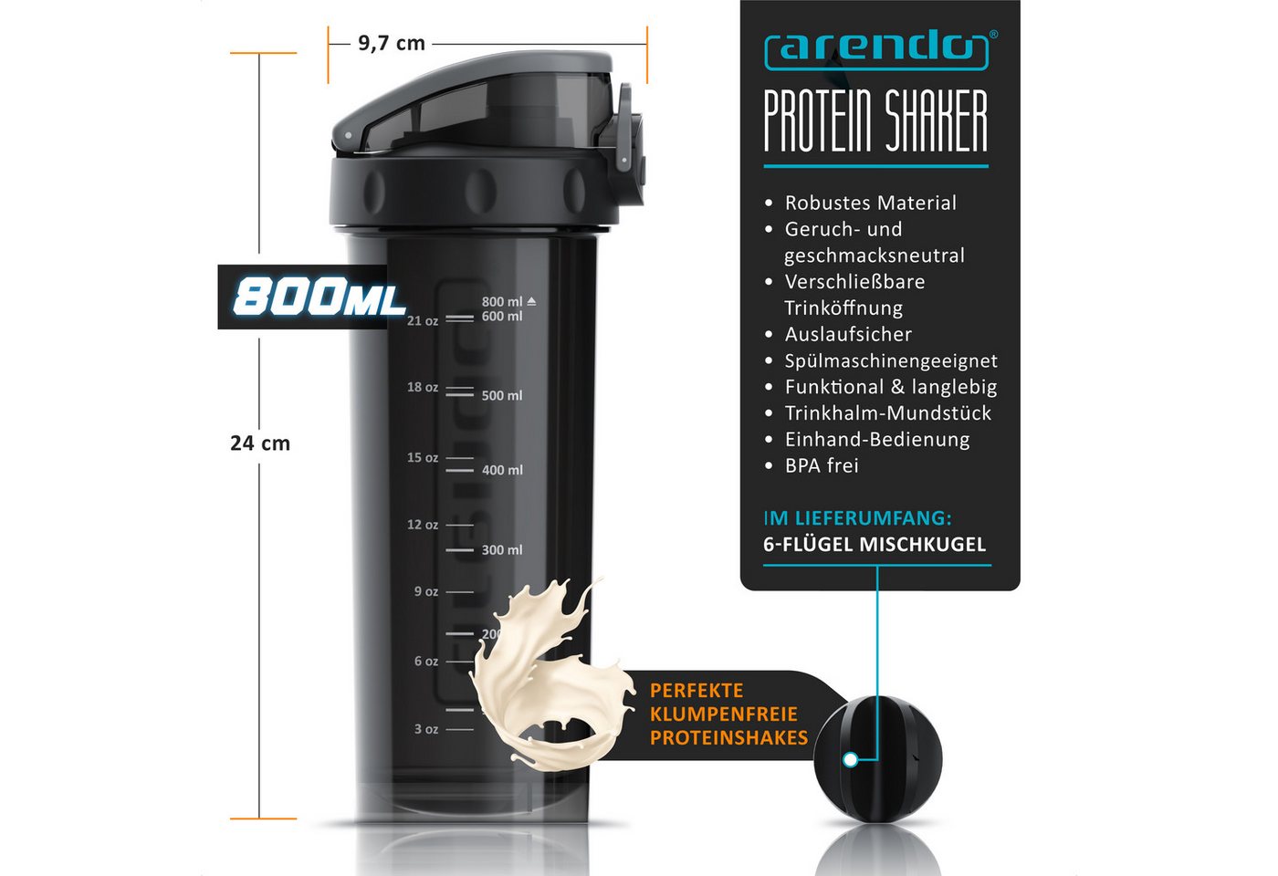 Arendo Protein Shaker Eiweißshaker 800 ml, verschließbar, spülmaschinengeeignet, Kunststoff, (4-tlg), Eiweiß Mixbecher, BPA-frei, für unterwegs, Yoga, Fitness,  – Bild 2 von 5