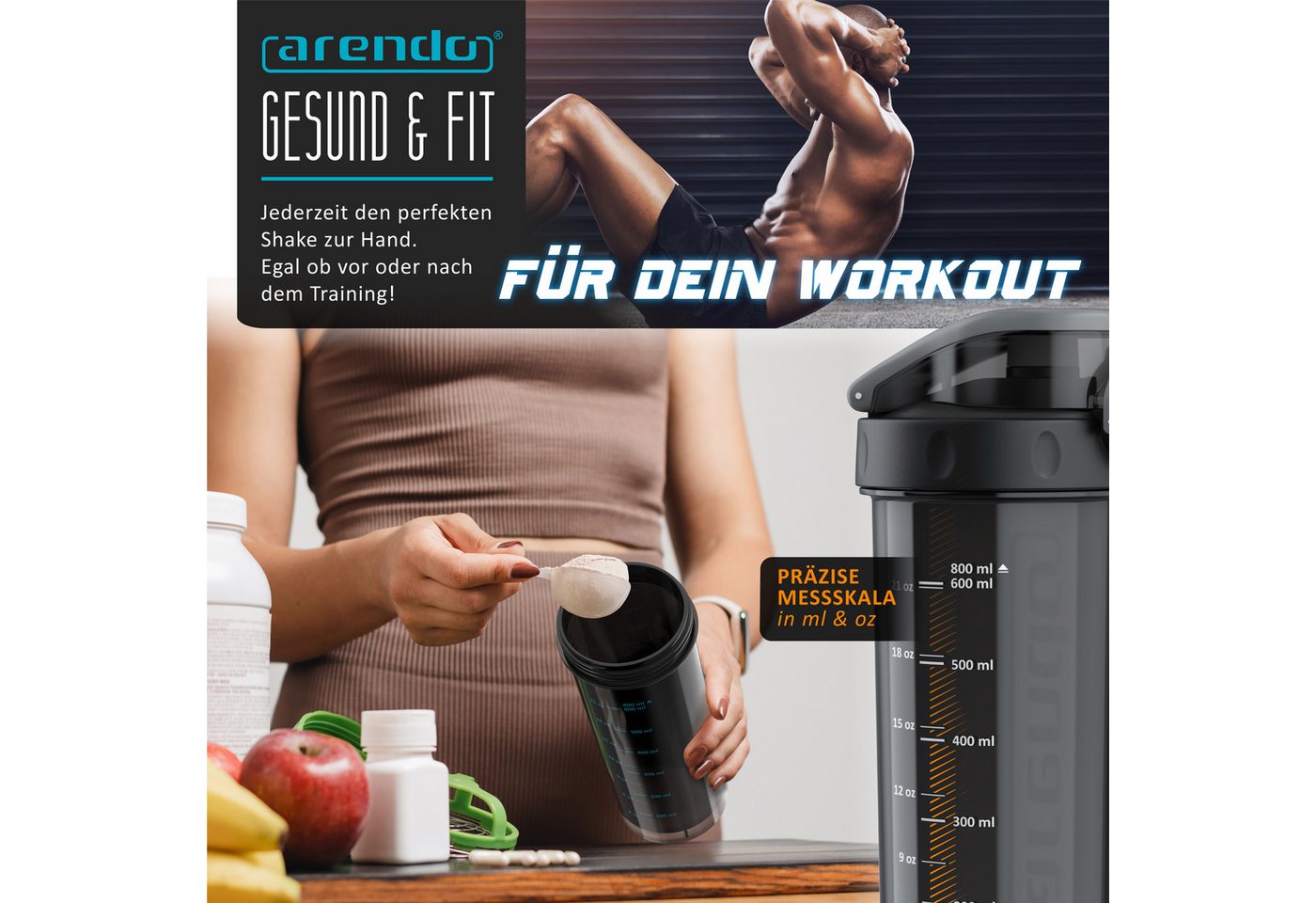 Arendo Protein Shaker Eiweißshaker 800 ml, verschließbar, spülmaschinengeeignet, Kunststoff, (4-tlg), Eiweiß Mixbecher, BPA-frei, für unterwegs, Yoga, Fitness,  – Bild 5 von 5