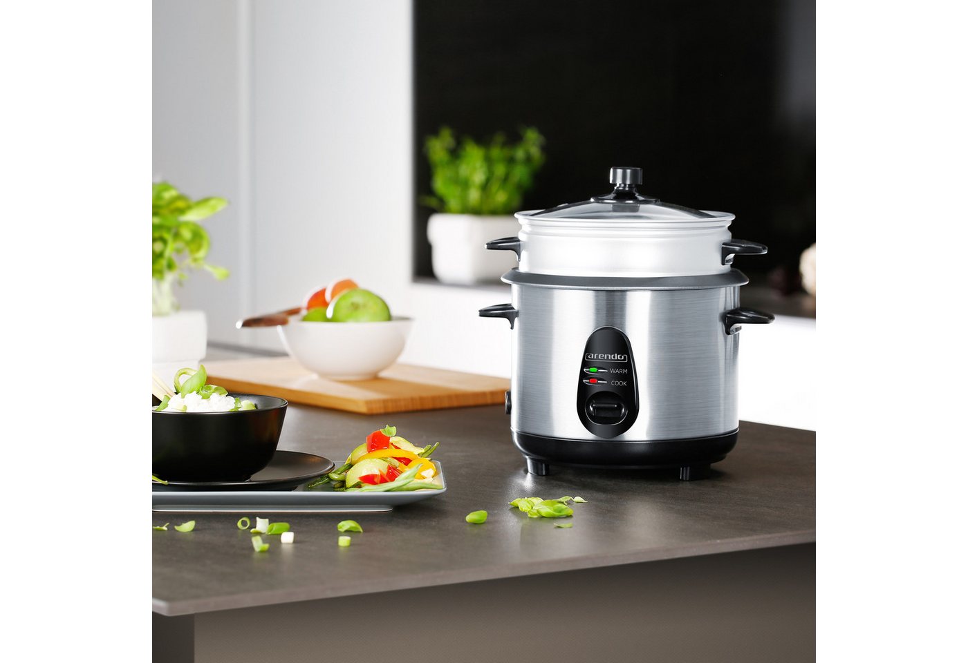 Arendo Reiskocher 1,5 L mit Warmhalte- & Dampfgarfunktion, Alu gebürstet, 500 W, Reiskocher mit automatischer Koch und Wärm Funktion EDO 1,5 Liter – Bild 2 von 5