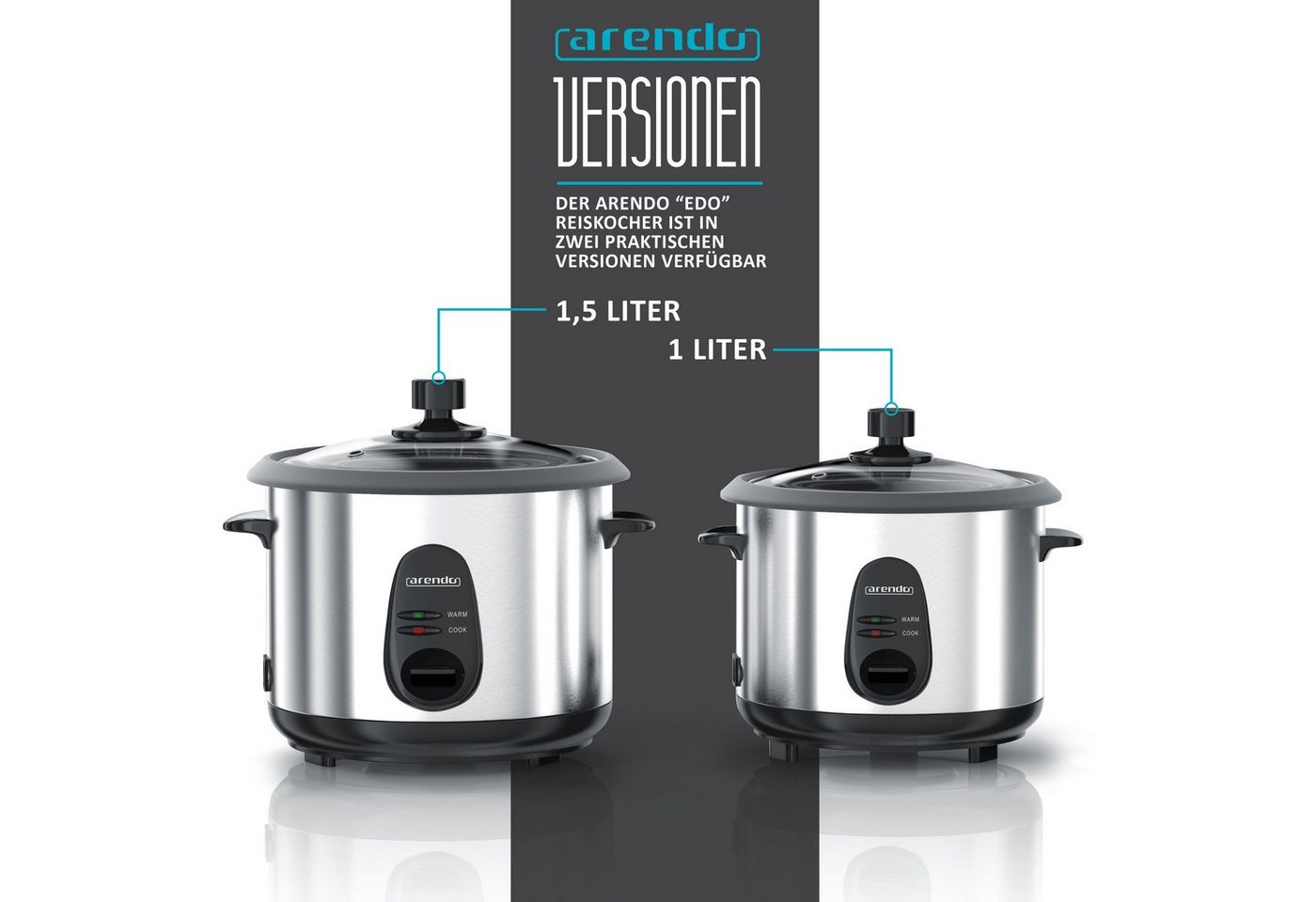 Arendo Reiskocher 1,5 L mit Warmhalte- & Dampfgarfunktion, Alu gebürstet, 500 W, Reiskocher mit automatischer Koch und Wärm Funktion EDO 1,5 Liter – Bild 4 von 5