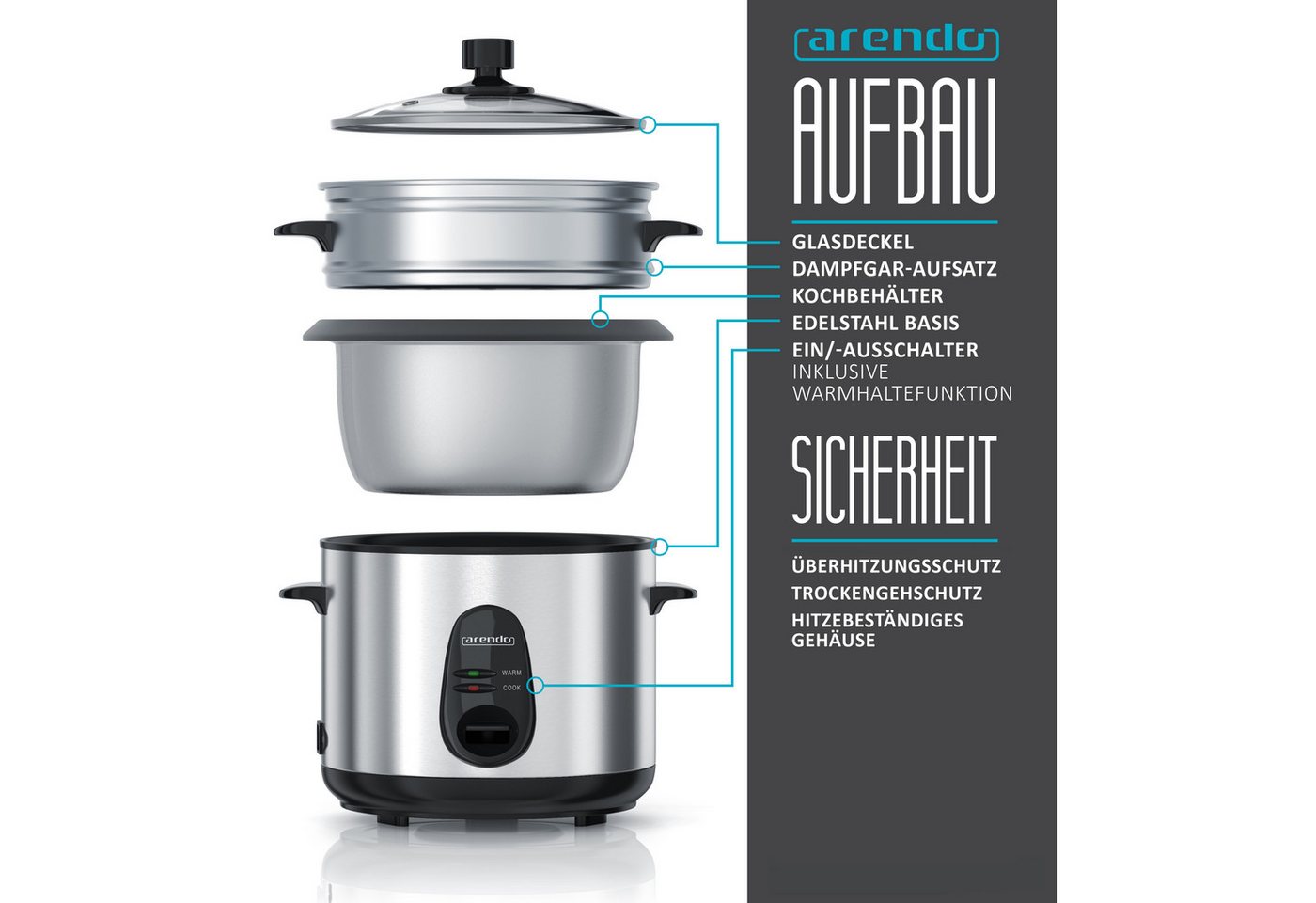 Arendo Reiskocher 1,5 L mit Warmhalte- & Dampfgarfunktion, Alu gebürstet, 500 W, Reiskocher mit automatischer Koch und Wärm Funktion EDO 1,5 Liter – Bild 5 von 5