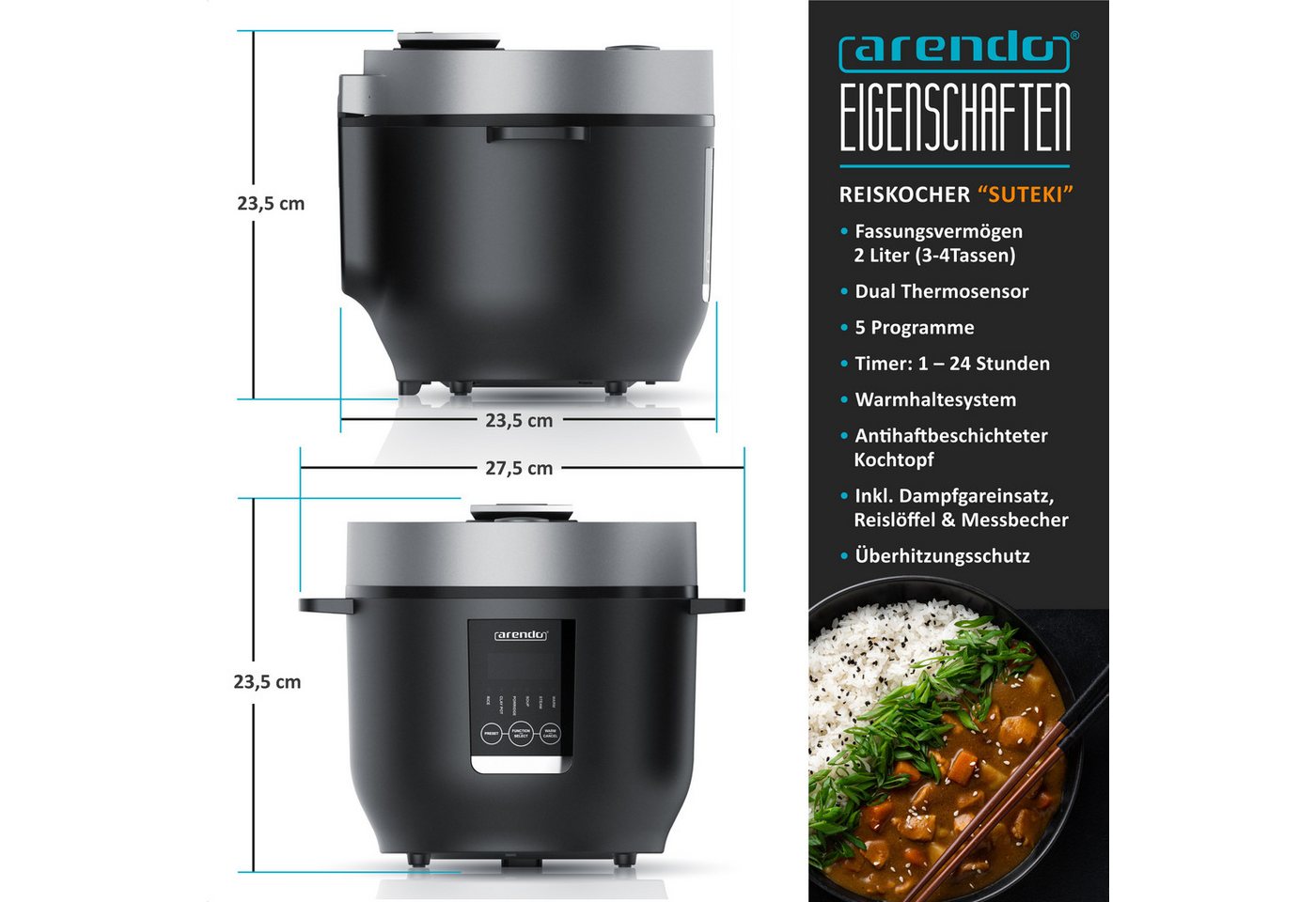 Arendo Reiskocher Digitaler Multikocher, Kochprogramme, Timer, Warmhaltefunktion Display, 350 W, 2 l, antihaftbeschichteter Gartopf, Reislöffel & Messbecher – Bild 2 von 5