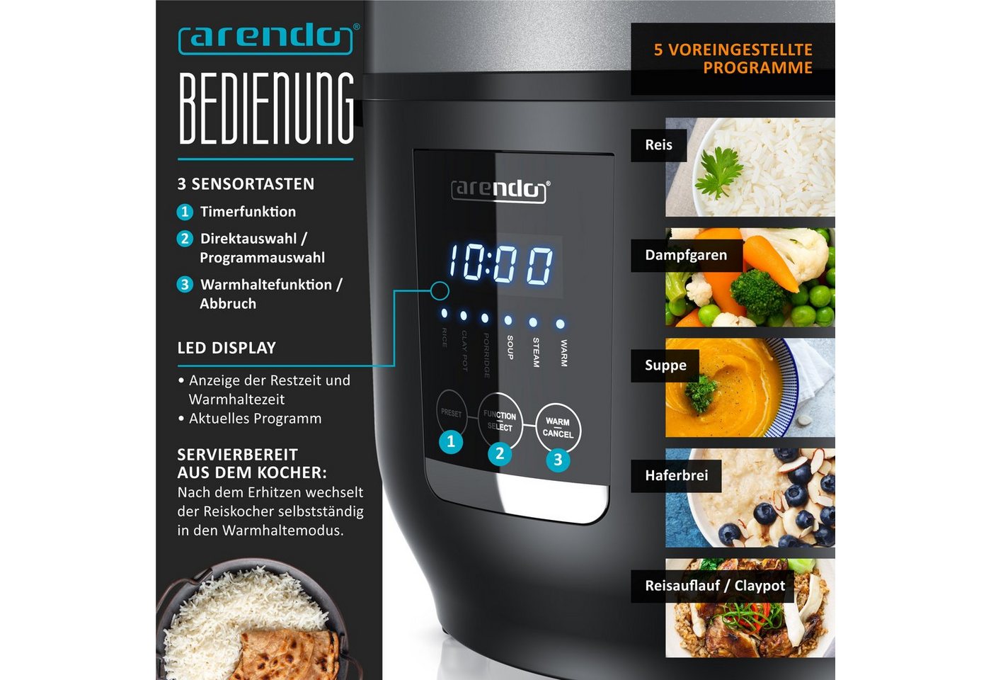 Arendo Reiskocher Digitaler Multikocher, Kochprogramme, Timer, Warmhaltefunktion Display, 350 W, 2 l, antihaftbeschichteter Gartopf, Reislöffel & Messbecher – Bild 3 von 5