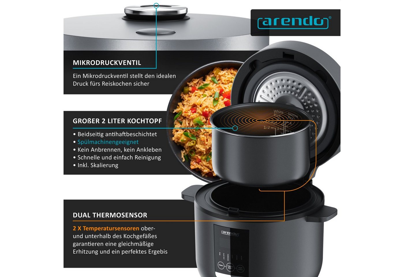 Arendo Reiskocher Digitaler Multikocher, Kochprogramme, Timer, Warmhaltefunktion Display, 350 W, 2 l, antihaftbeschichteter Gartopf, Reislöffel & Messbecher – Bild 4 von 5