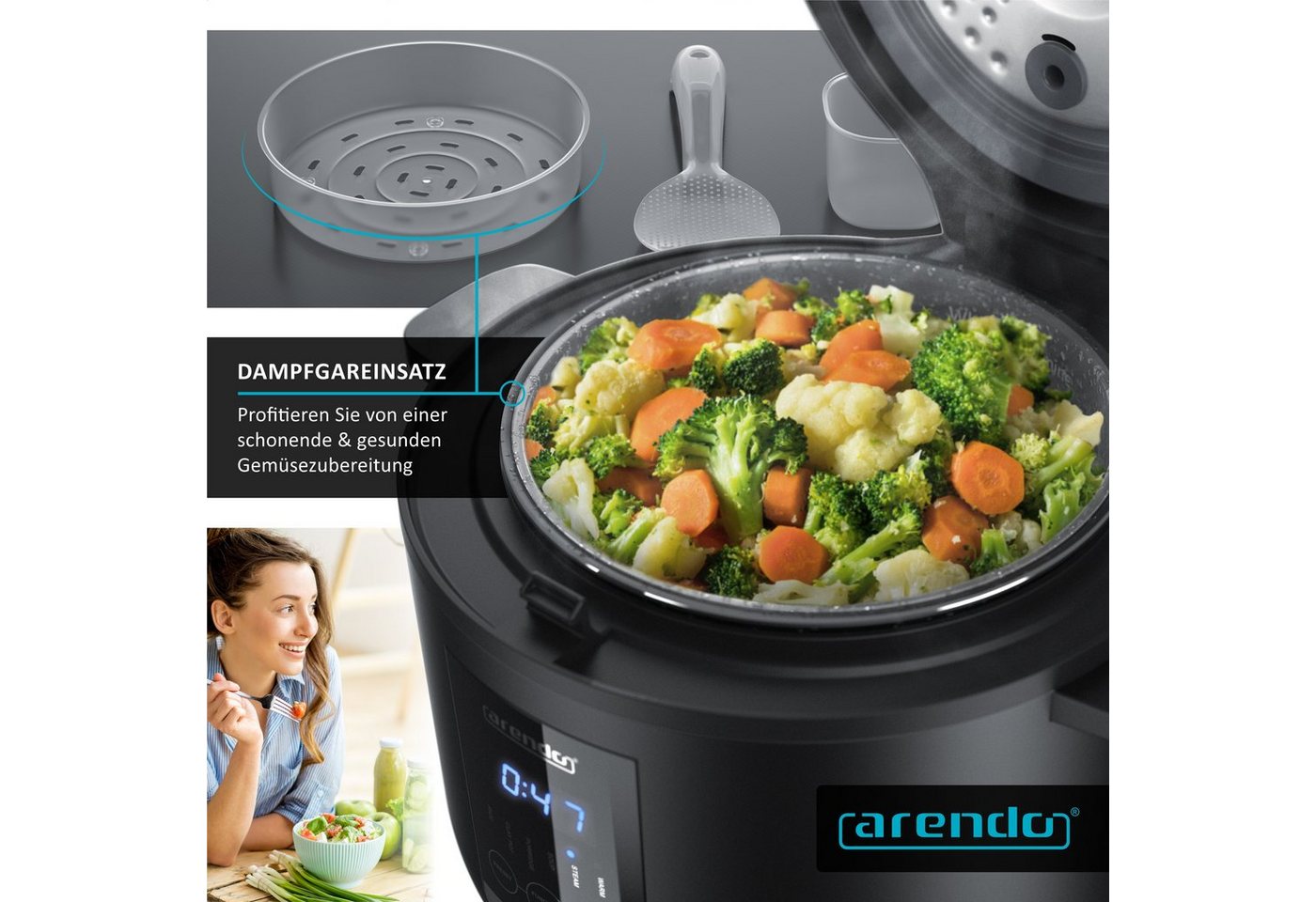Arendo Reiskocher Digitaler Multikocher, Kochprogramme, Timer, Warmhaltefunktion Display, 350 W, 2 l, antihaftbeschichteter Gartopf, Reislöffel & Messbecher – Bild 5 von 5