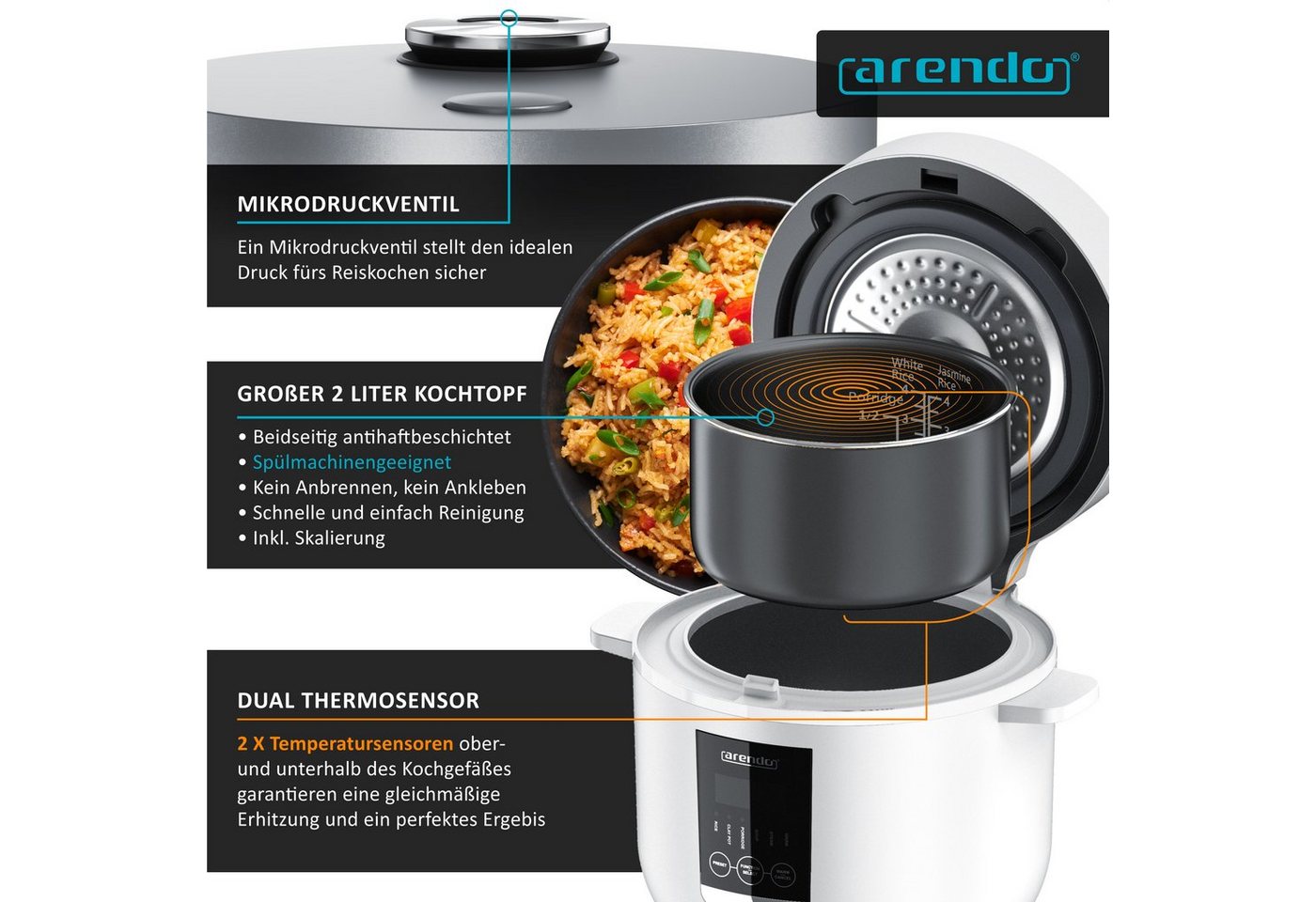 Arendo Reiskocher Digitaler Multikocher, Kochprogramme, Timer, Warmhaltefunktion Display, 350 W, antihaftbeschichteter Gartopf, Reislöffel & Messbecher, Schonga – Bild 4 von 5