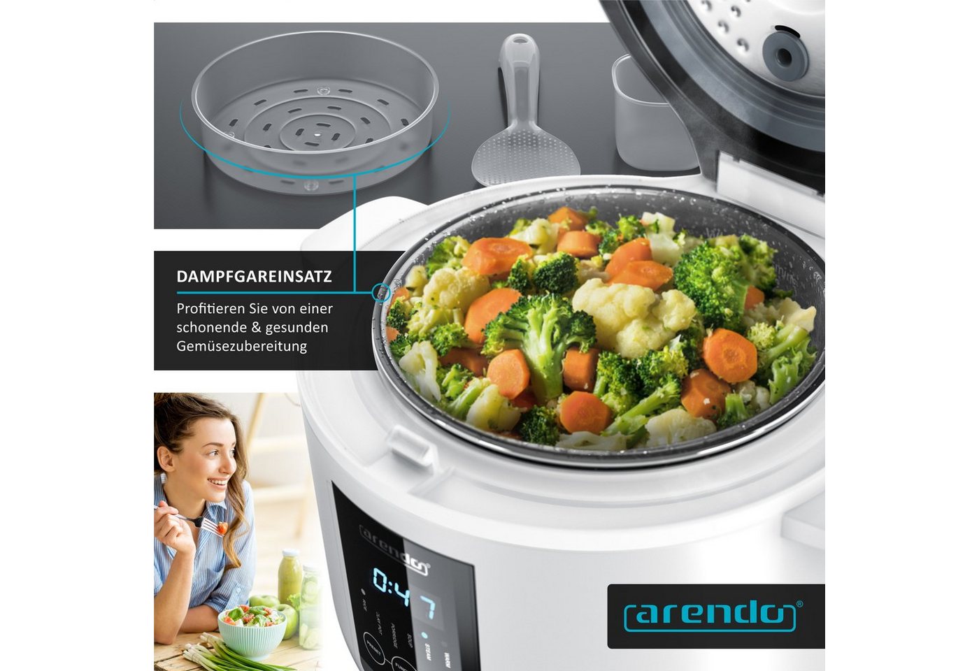 Arendo Reiskocher Digitaler Multikocher, Kochprogramme, Timer, Warmhaltefunktion Display, 350 W, antihaftbeschichteter Gartopf, Reislöffel & Messbecher, Schonga – Bild 5 von 5
