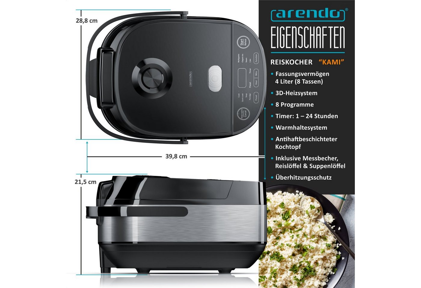 Arendo Reiskocher Multikocher, Dampfgarer mit 3D Heizsystem und 8 Programme + Timer, 4 l, 800 W, Antihaftbeschichtung, inkl. Dampfgareinsatz und Warmhaltefunkti – Bild 2 von 5
