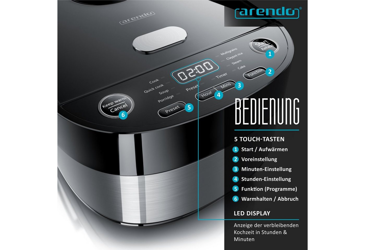 Arendo Reiskocher Multikocher, Dampfgarer mit 3D Heizsystem und 8 Programme + Timer, 4 l, 800 W, Antihaftbeschichtung, inkl. Dampfgareinsatz und Warmhaltefunkti – Bild 3 von 5