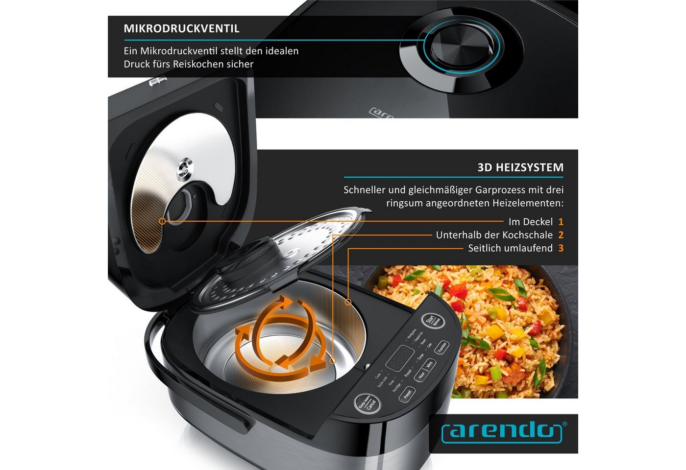 Arendo Reiskocher Multikocher, Dampfgarer mit 3D Heizsystem und 8 Programme + Timer, 4 l, 800 W, Antihaftbeschichtung, inkl. Dampfgareinsatz und Warmhaltefunkti – Bild 4 von 5