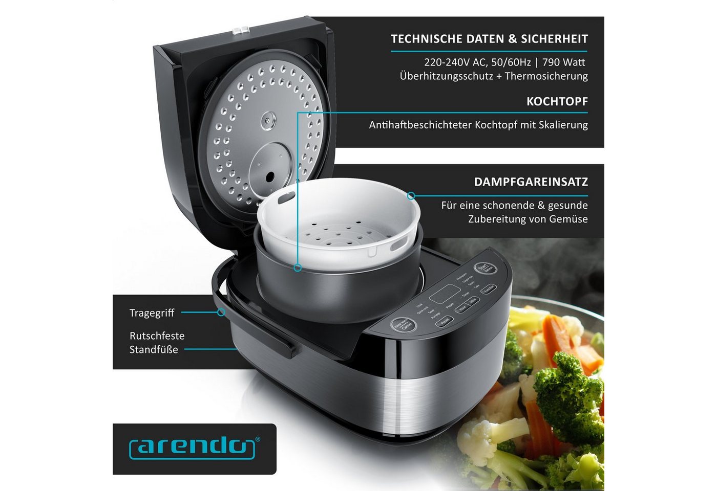 Arendo Reiskocher Multikocher, Dampfgarer mit 3D Heizsystem und 8 Programme + Timer, 4 l, 800 W, Antihaftbeschichtung, inkl. Dampfgareinsatz und Warmhaltefunkti – Bild 5 von 5