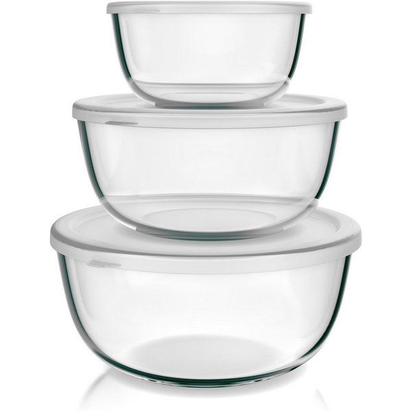 Arendo Salatschüssel 3er Set mit Deckel, Glasschüssel 1,1L / 2,7L / 4,4L, Glas Rührschüssel, Glas, (Set, 3-tlg), Glasschale, BPA-frei, Spülmaschinen und Mikrowe