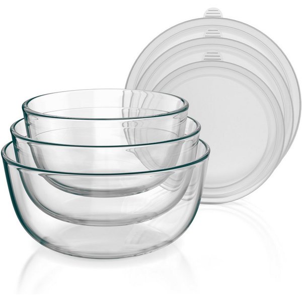 Arendo Salatschüssel 3er Set mit Deckel, Glasschüssel 0,7L / 1,1L / 1,5L, Glas Rührschüssel, Glas, (3er Set, 3-tlg), Glasschale, BPA-frei, Spülmaschinen und Mik