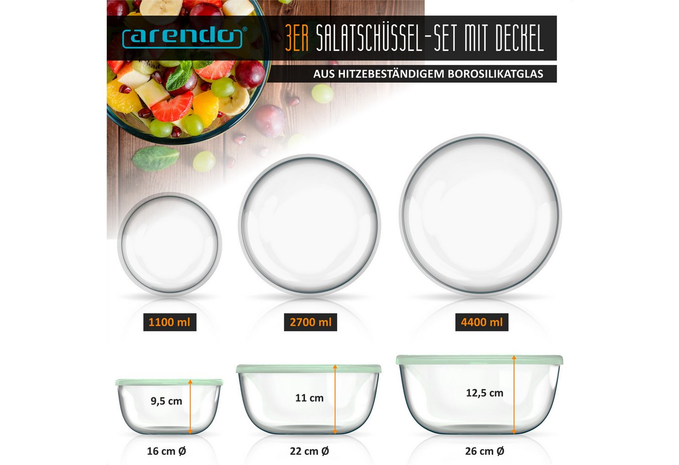 Arendo Salatschüssel 3er Set mit Deckel, Glasschüssel 1,1L / 2,7L / 4,4L, Glas Rührschüssel, Glas, (Set, 3-tlg), Glasschale, BPA-frei, Mikrowellen- und spülmasc – Bild 2 von 5