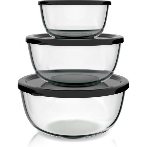 Arendo Salatschüssel 3er Set mit Deckel, Glasschüssel 1,1L / 2,7L / 4,4L, Glas Rührschüssel, Glas, (Set, 3-tlg), Glasschale, BPA-frei, Spülmaschinen- und mikrow