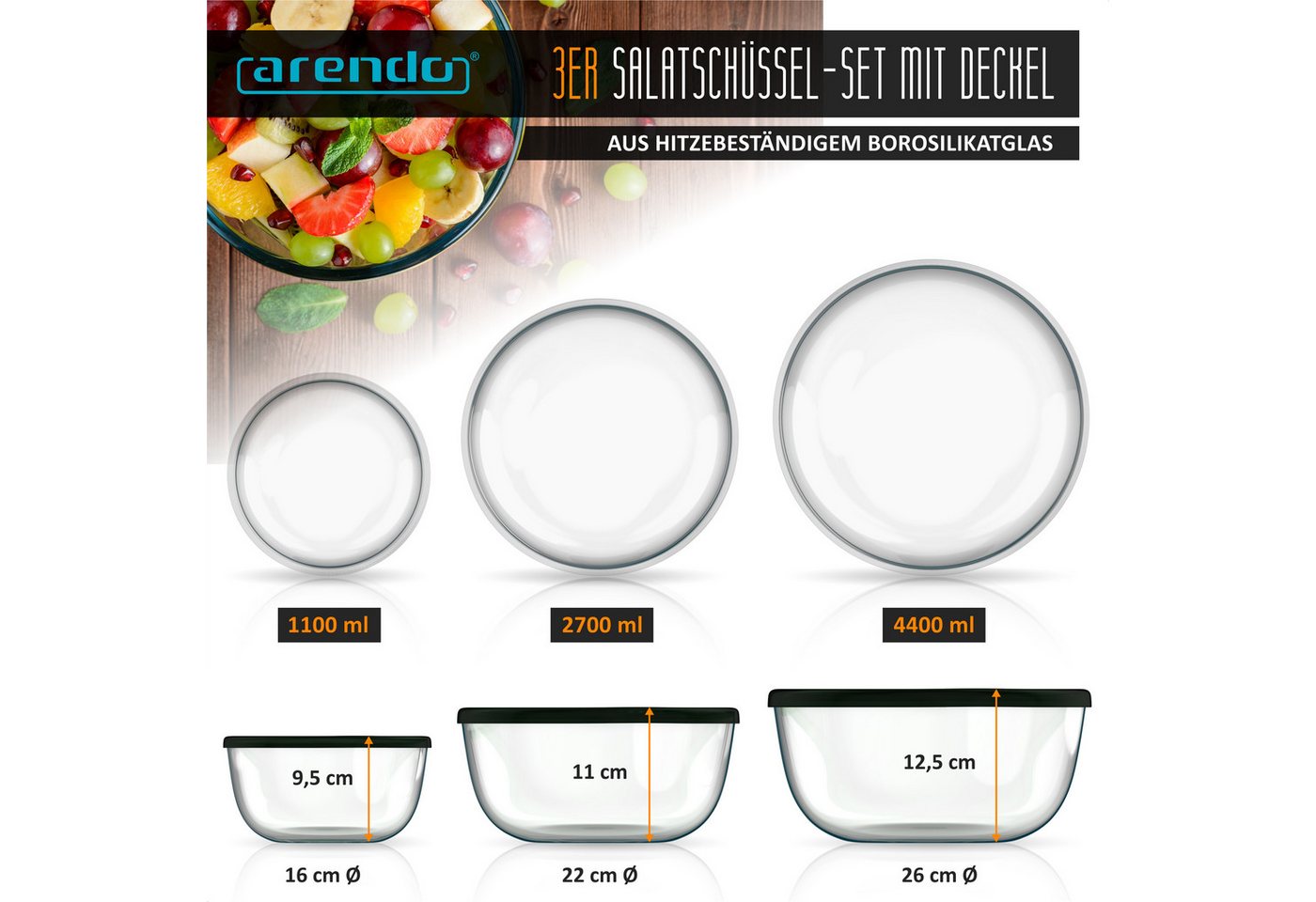 Arendo Salatschüssel 3er Set mit Deckel, Glasschüssel 1,1L / 2,7L / 4,4L, Glas Rührschüssel, Glas, (Set, 3-tlg), Glasschale, BPA-frei, Spülmaschinen- und mikrow – Bild 2 von 5
