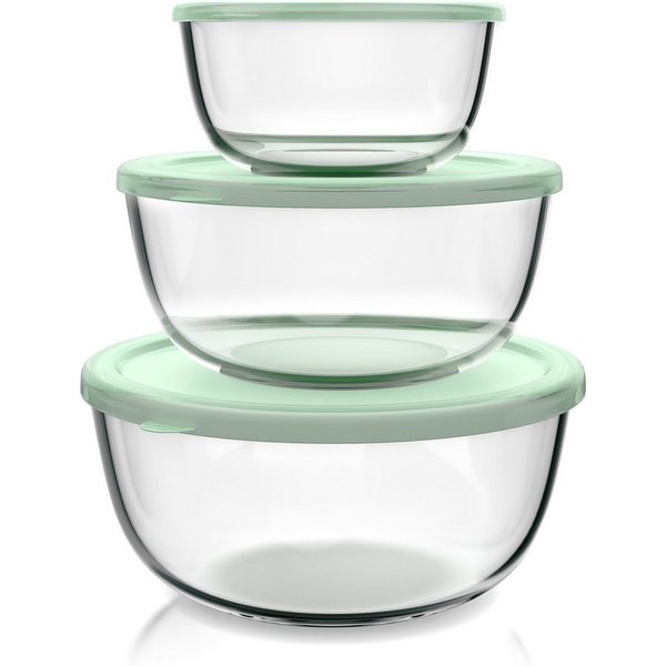 Arendo Salatschüssel 3er Set mit Deckel, Glasschüssel 1,1L / 2,7L / 4,4L, Glas Rührschüssel, Glas, (Set, 3-tlg), Glasschale, BPA-frei, Spülmaschinen- und mikrow