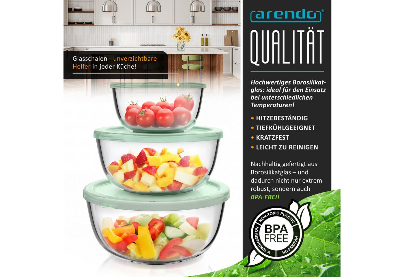 Arendo Salatschüssel 3er Set mit Deckel, Glasschüssel 1,1L / 2,7L / 4,4L, Glas Rührschüssel, Glas, (Set, 3-tlg), Glasschale, BPA-frei, Spülmaschinen- und mikrow – Bild 5 von 5